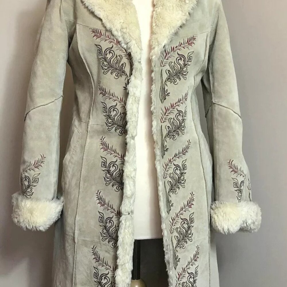 Real Suede Embroidered Beige Penny Lane Jacket with Floral Design